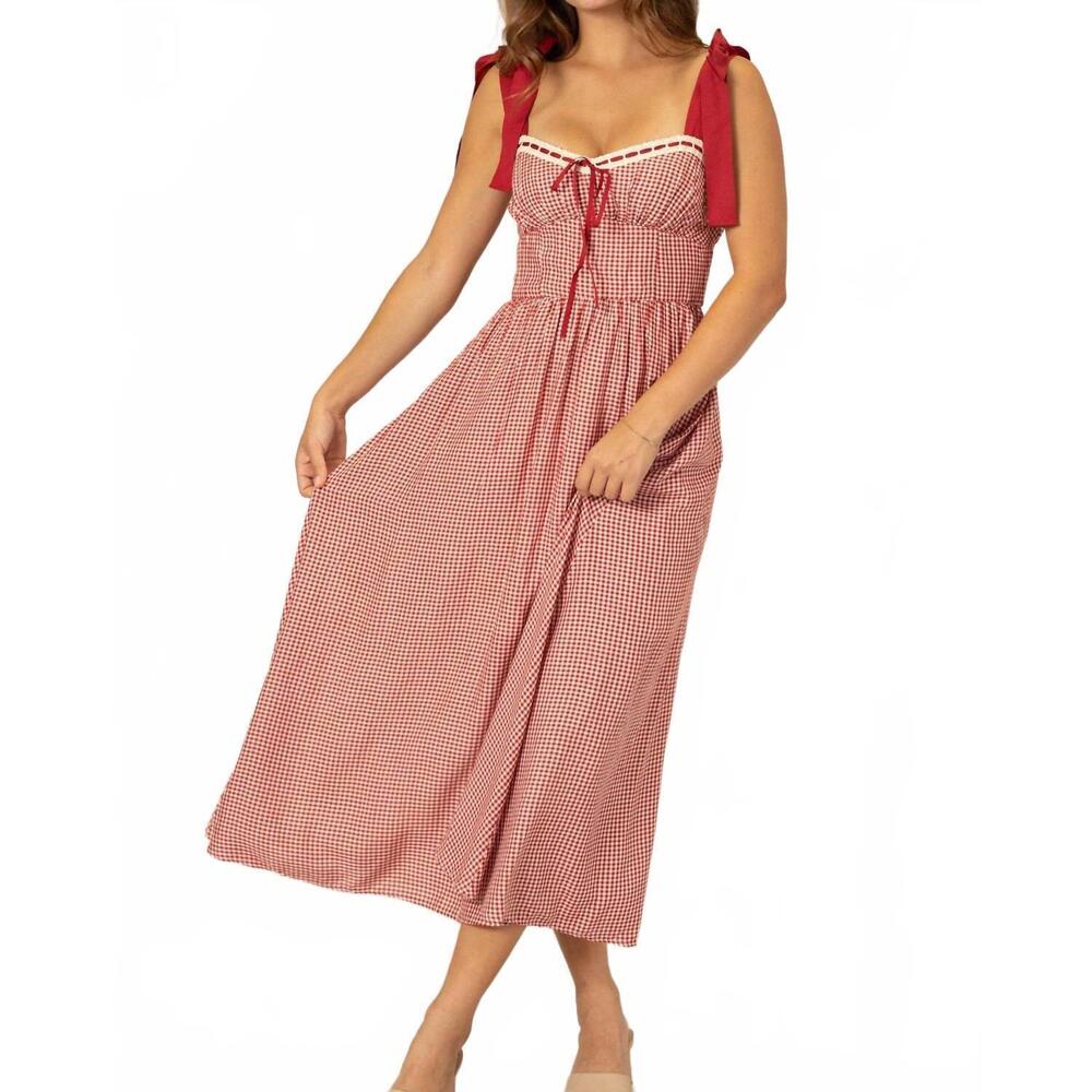 NEW BY THE RIVER sweetheart gingham lace-up dress in red/cream